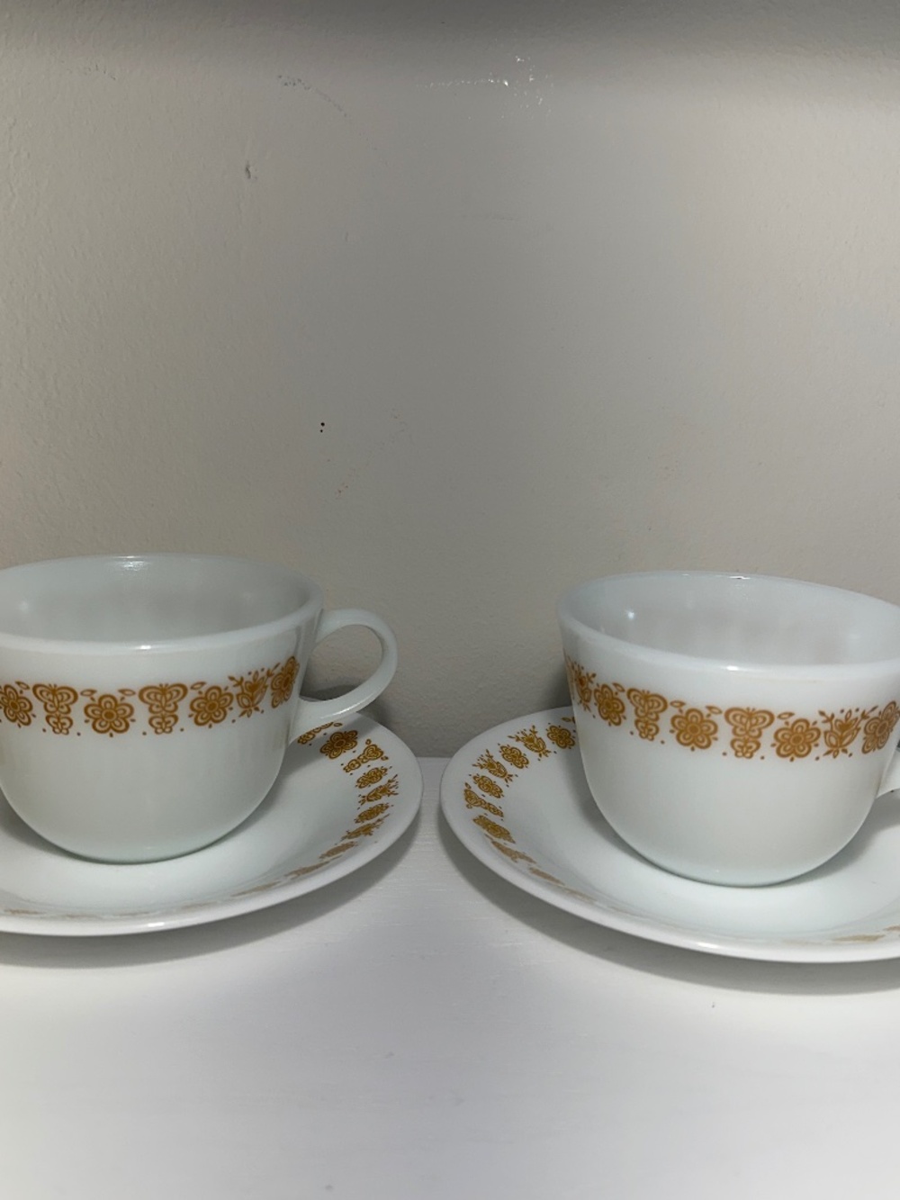Set of 2 Vintage Corningware Butterfly Gold Cup and Saucers White Milk Glass